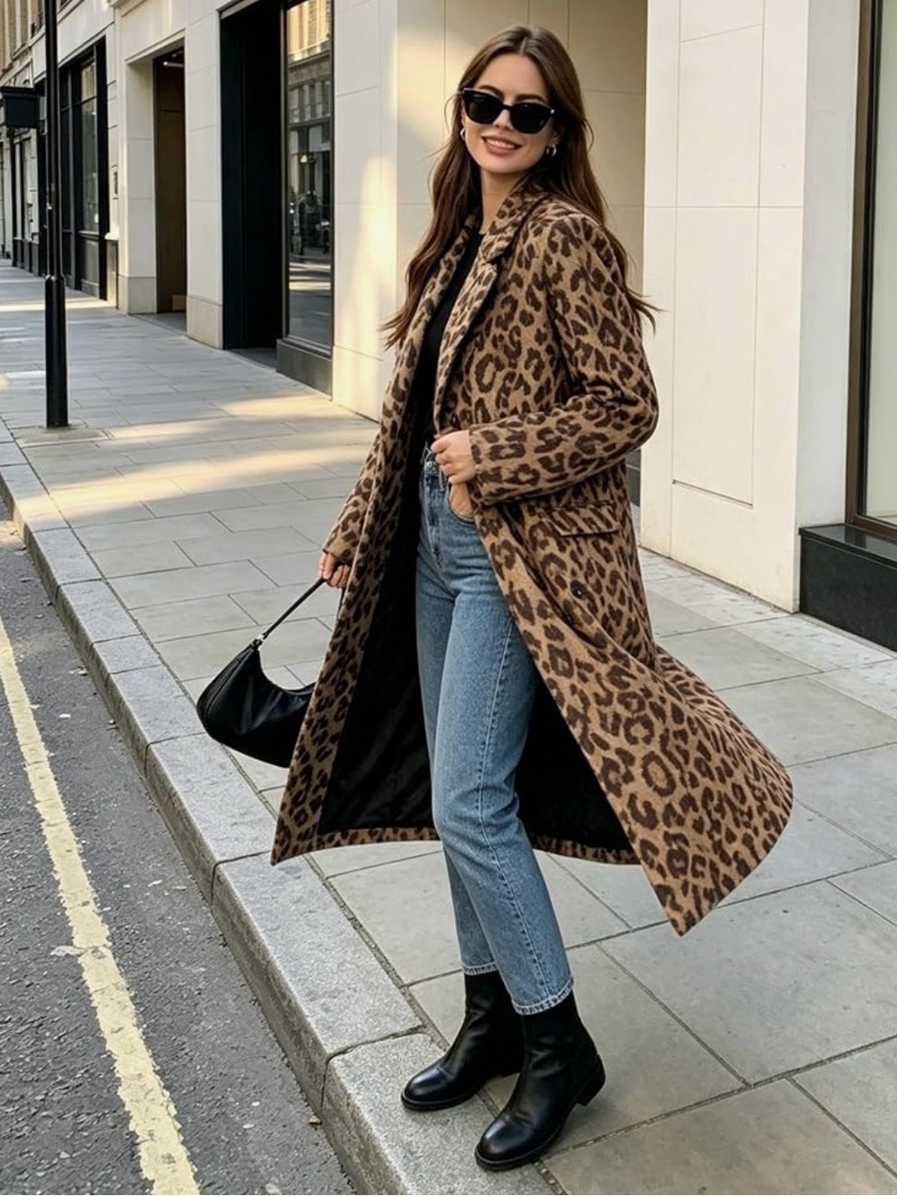 Leopard Print Long Wool-Blend Coat XL - Picture 3 of 3